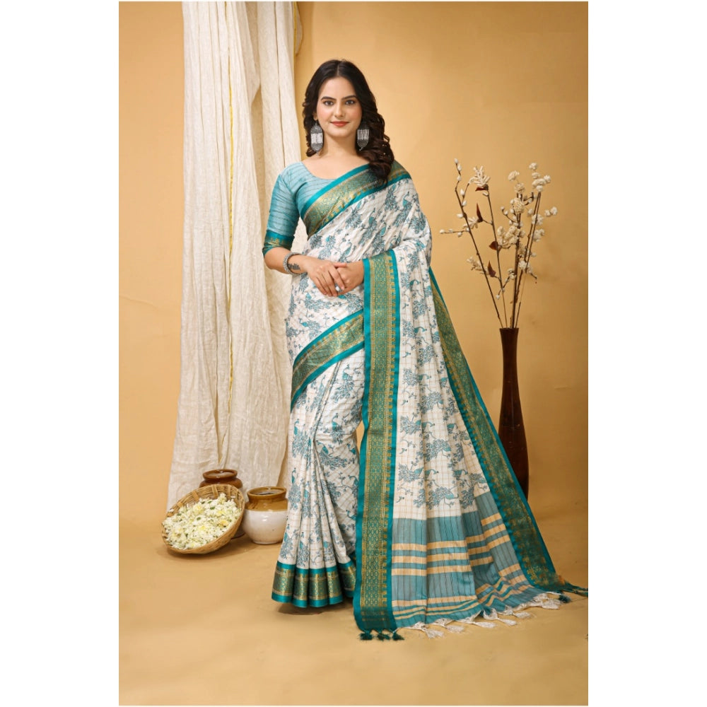 Amfyn Women's Soft Cotton Silk Printed Saree With Unstitched Blouse 5.5Mtr (Turquoise)