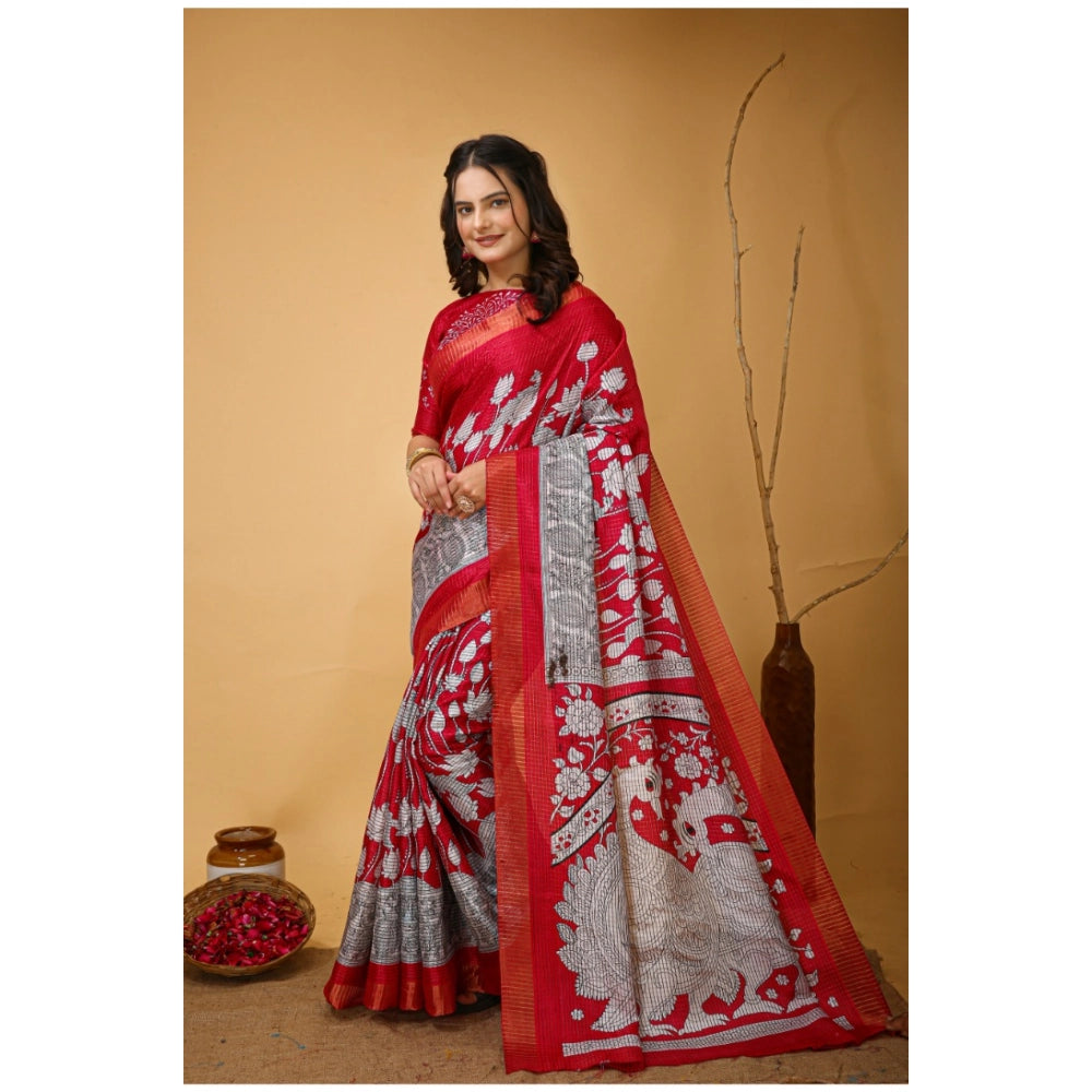 Amfyn Women's Soft Handloom Cotton Kalamkari Printed Saree With Unstitched Blouse 5.5Mtr (Pink)