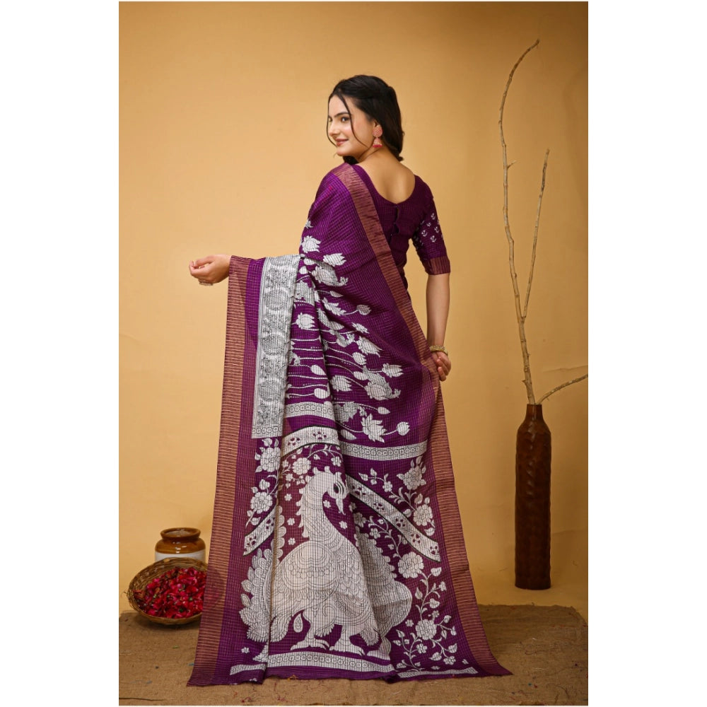 Amfyn Women's Soft Handloom Cotton Kalamkari Printed Saree With Unstitched Blouse 5.5Mtr (Purple)
