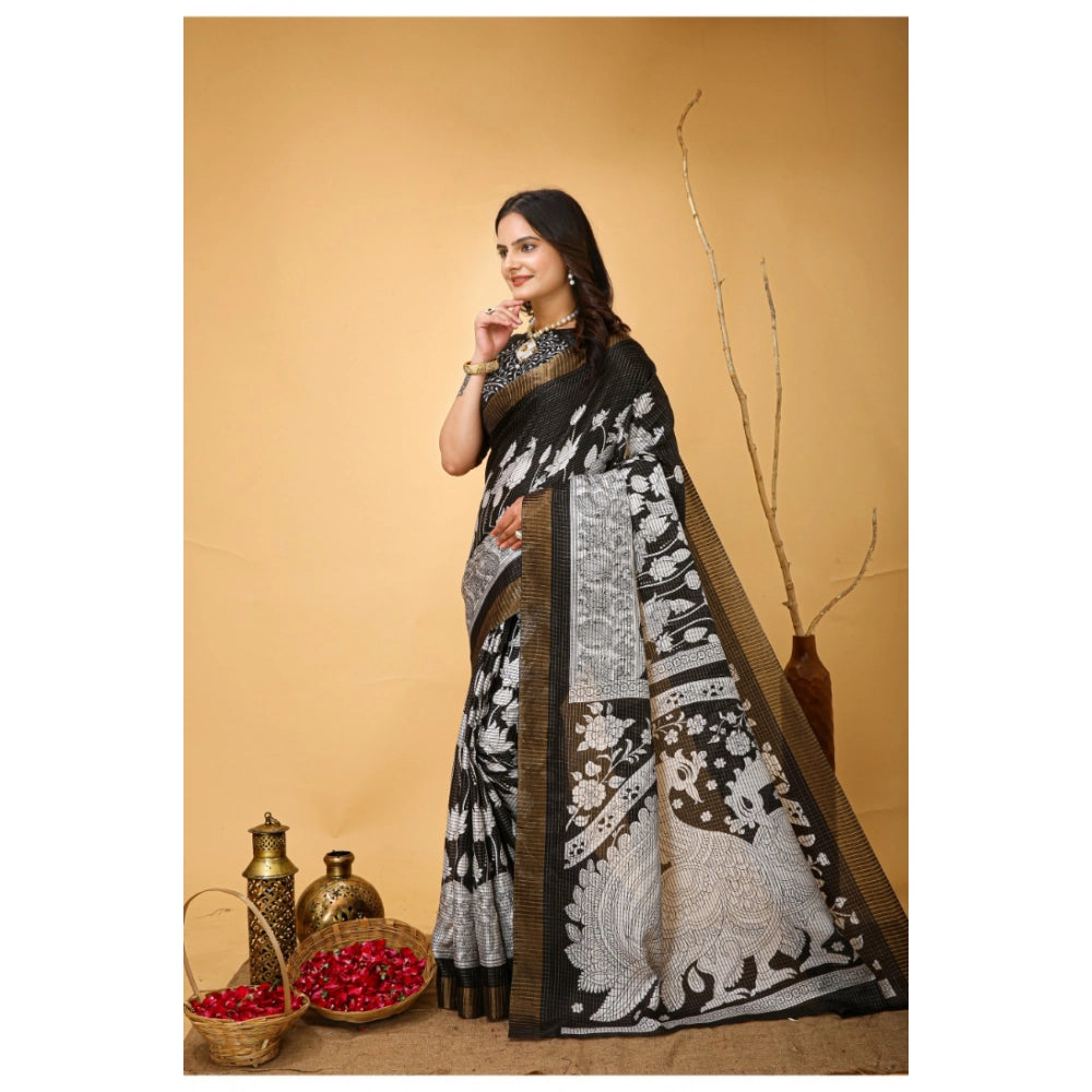 Amfyn Women's Soft Handloom Cotton Kalamkari Printed Saree With Unstitched Blouse 5.5Mtr (Black)
