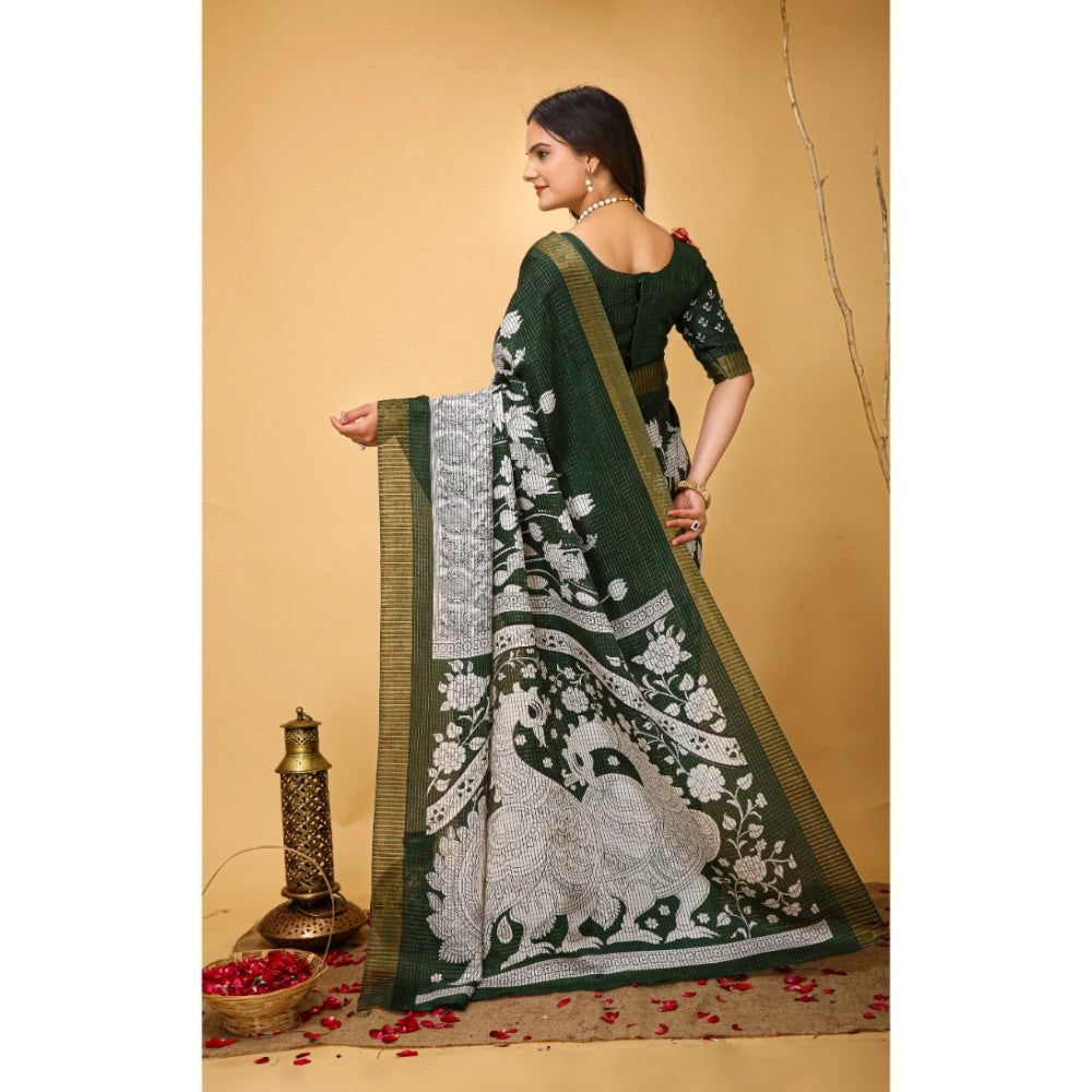 Amfyn Women's Soft Handloom Cotton Kalamkari Printed Saree With Unstitched Blouse 5.5Mtr (Green)