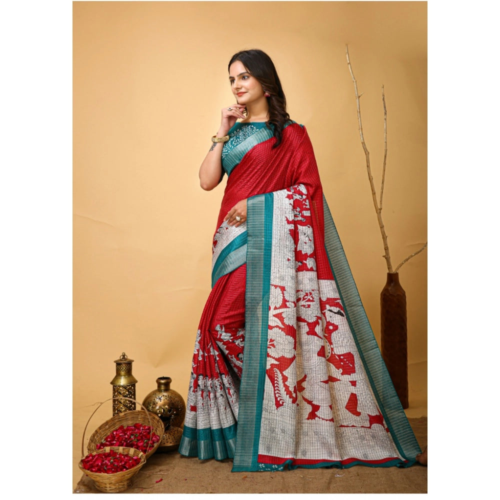 Amfyn Women's Soft Handloom Cotton Kalamkari Printed Saree With Unstitched Blouse 5.5Mtr (Red)