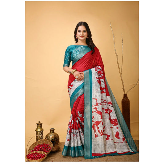 Amfyn Women's Soft Handloom Cotton Kalamkari Printed Saree With Unstitched Blouse 5.5Mtr (Red)