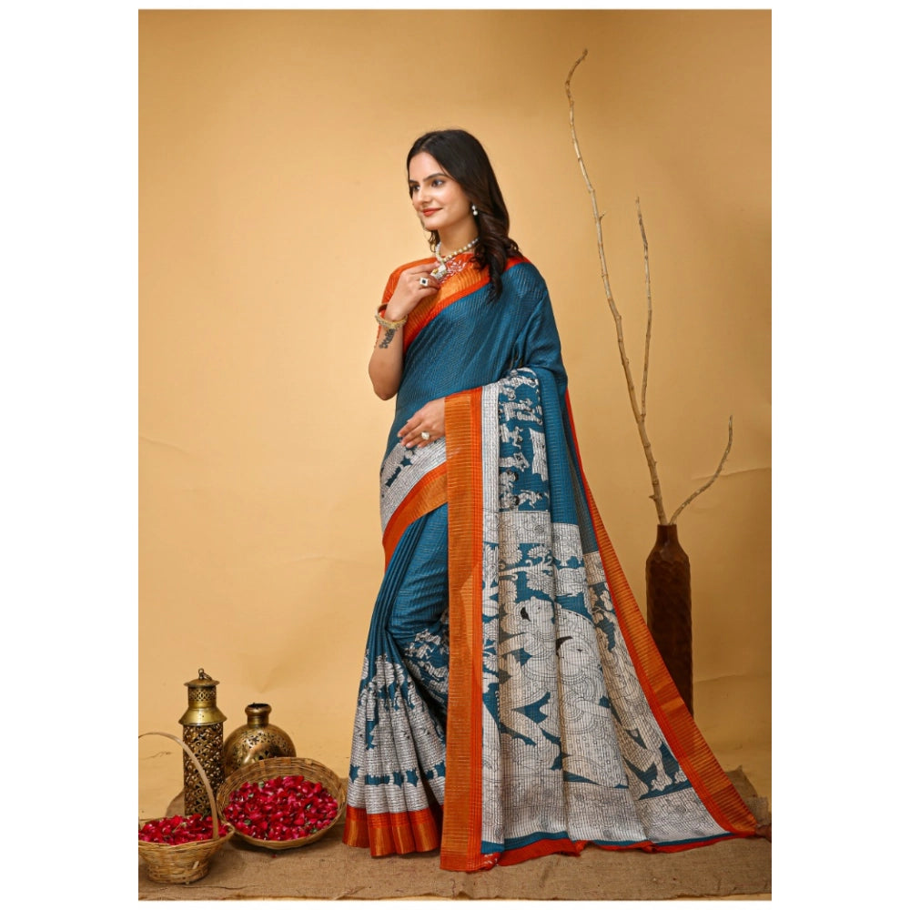 Amfyn Women's Soft Handloom Cotton Kalamkari Printed Saree With Unstitched Blouse 5.5Mtr (Teal Blue)