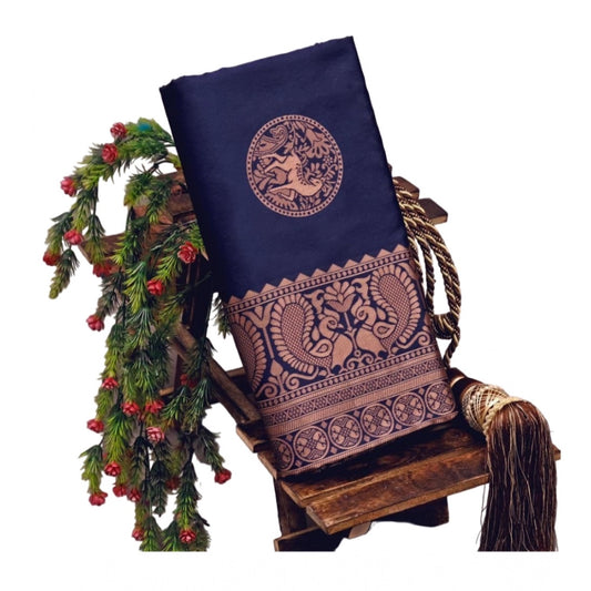 Amfyn Women's Soft Lichi Silk Printed Saree With Unstitched Blouse 5.5Mtr (Navy Blue)