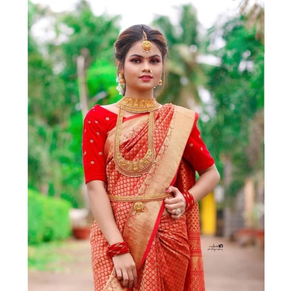 Amfyn Women's Soft Lichi Silk Printed Saree With Unstitched Blouse 5.5Mtr (Red)