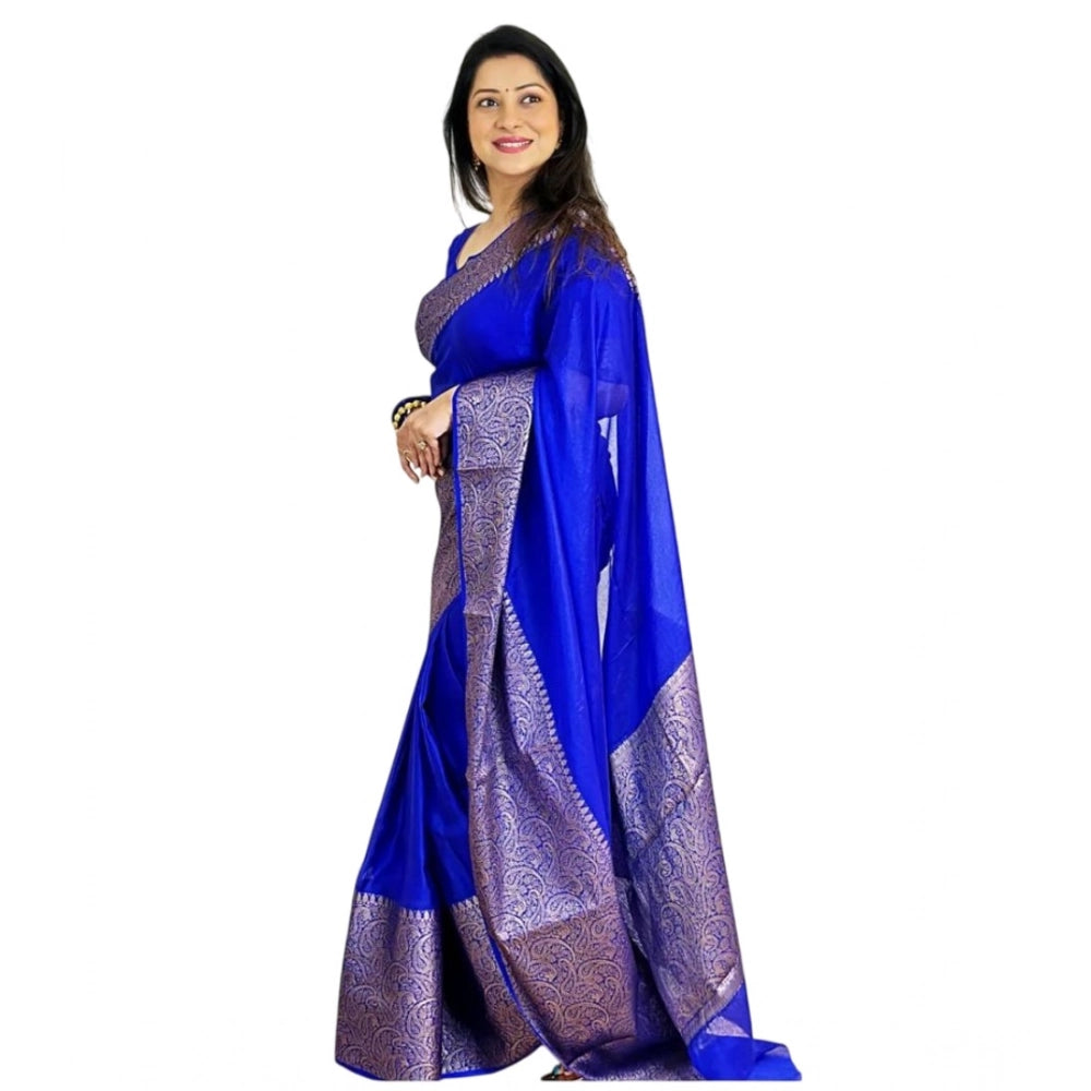 Amfyn Women's Soft Lichi Silk Solid Saree With Unstitched Blouse 5.5Mtr (Blue)