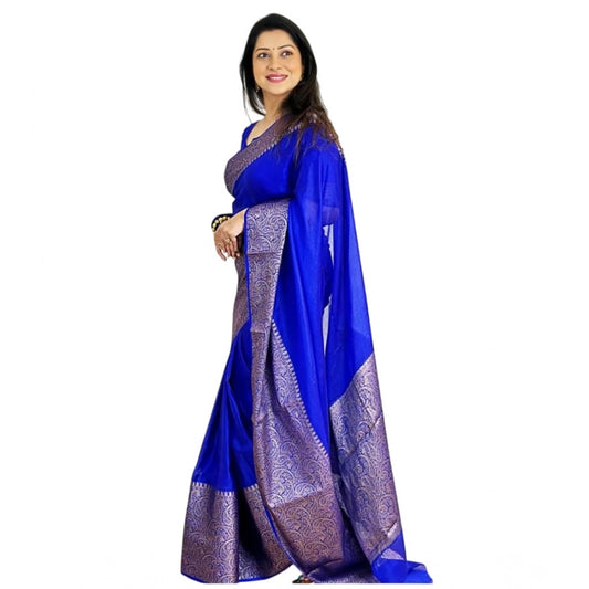 Amfyn Women's Soft Lichi Silk Solid Saree With Unstitched Blouse 5.5Mtr (Blue)