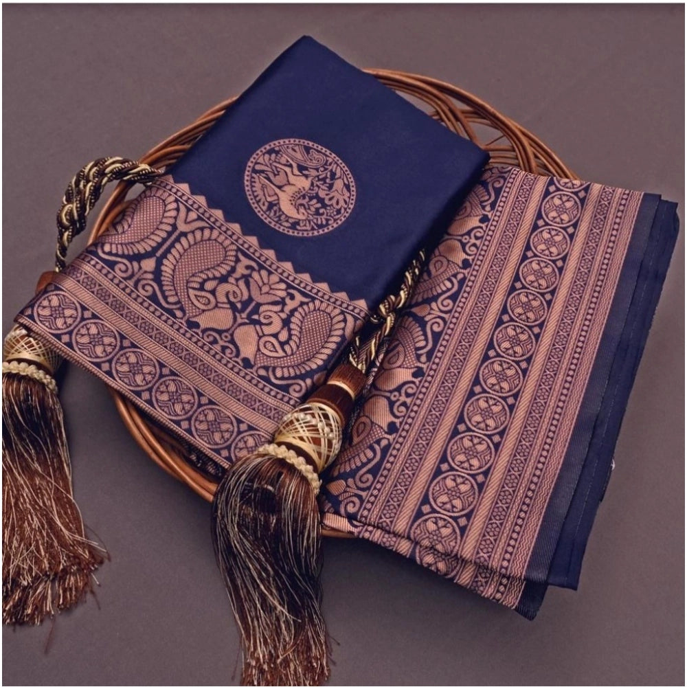 Amfyn Women's Soft Lichi Silk Printed Saree With Unstitched Blouse 5.5Mtr (Navy Blue)