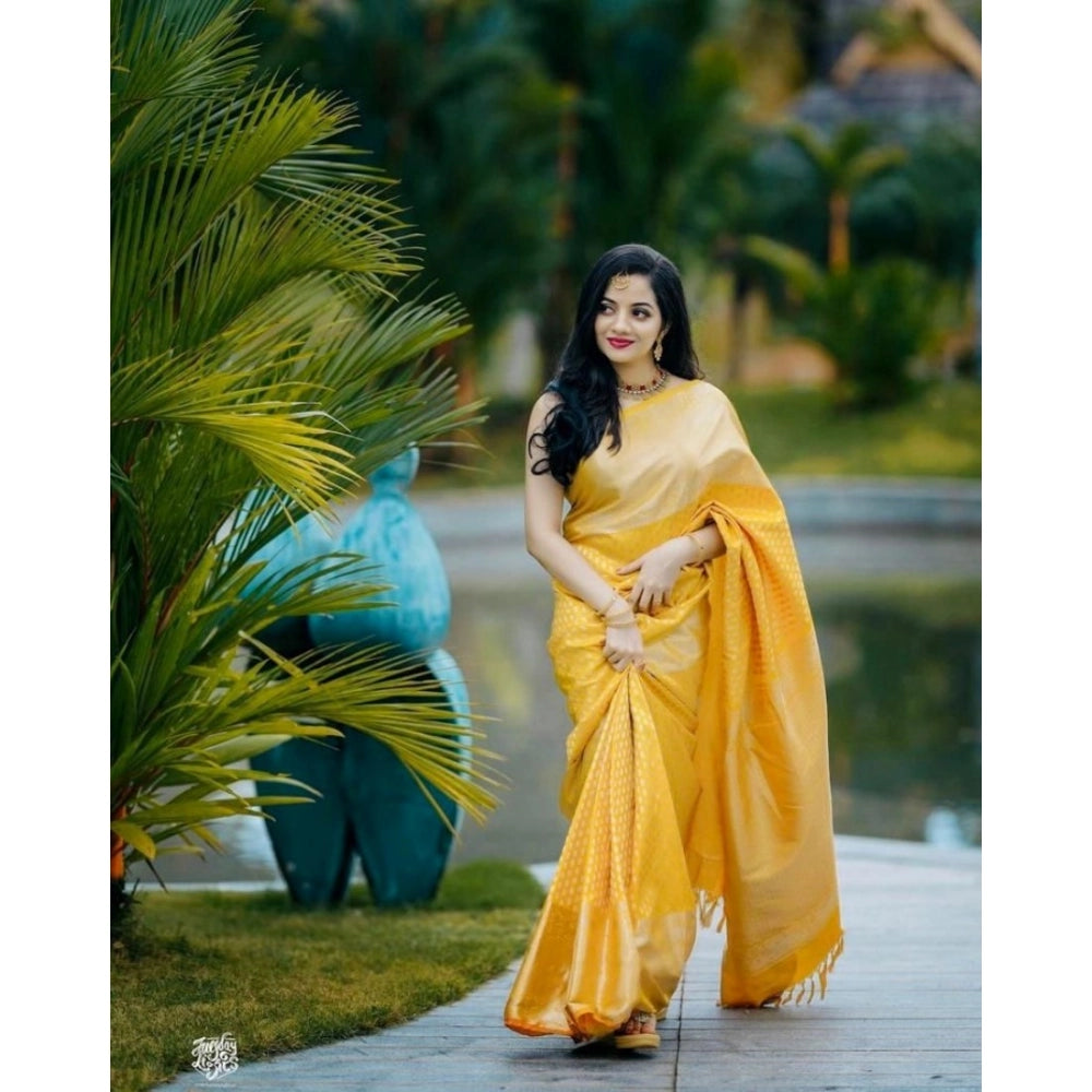 Amfyn Women's Soft Lichi Silk Printed Saree With Unstitched Blouse 5.5Mtr (Yellow)