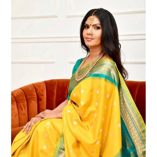 Amfyn Women's Soft Lichi Silk Printed Saree With Unstitched Blouse 5.5Mtr (Yellow)