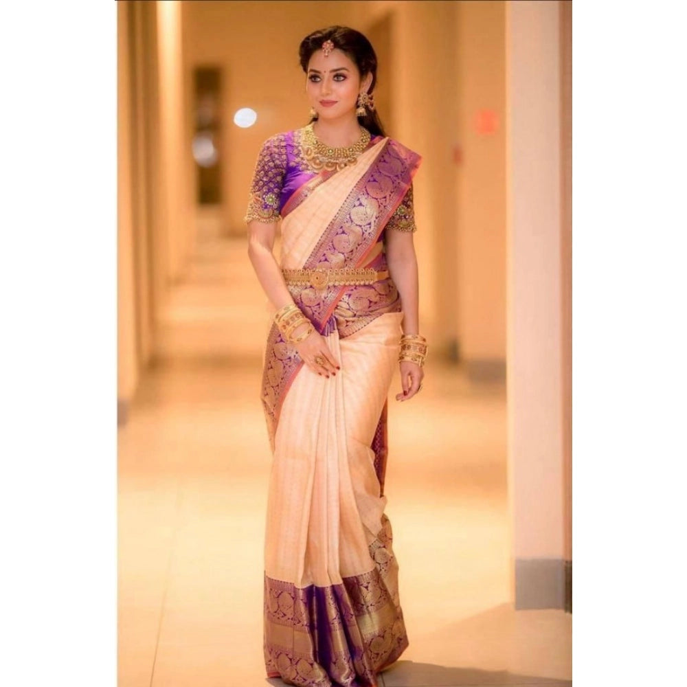 Amfyn Women's Soft Lichi Silk Printed Saree With Unstitched Blouse 5.5Mtr (Purple)