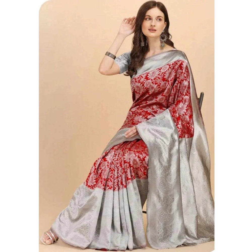 Amfyn Women's Soft Lichi Silk Printed Saree With Unstitched Blouse 5.5Mtr (Red)