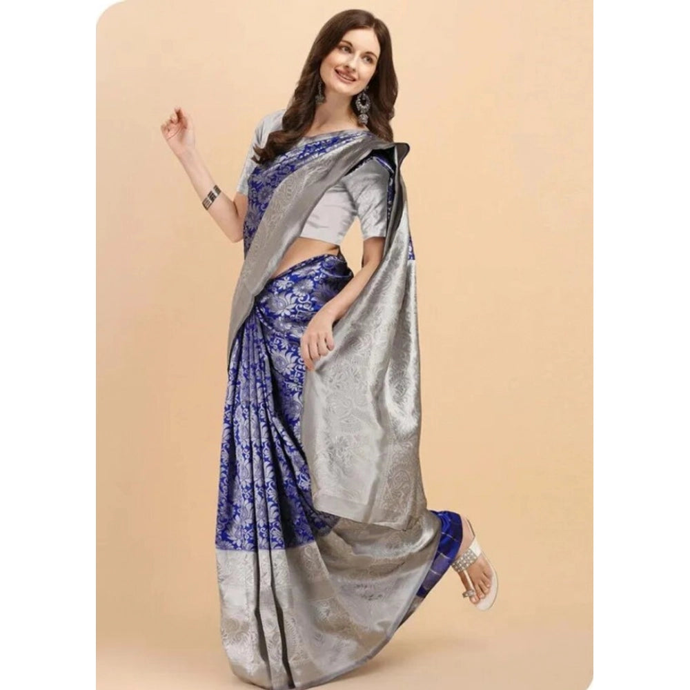 Amfyn Women's Soft Lichi Silk Printed Saree With Unstitched Blouse 5.5Mtr (Blue)