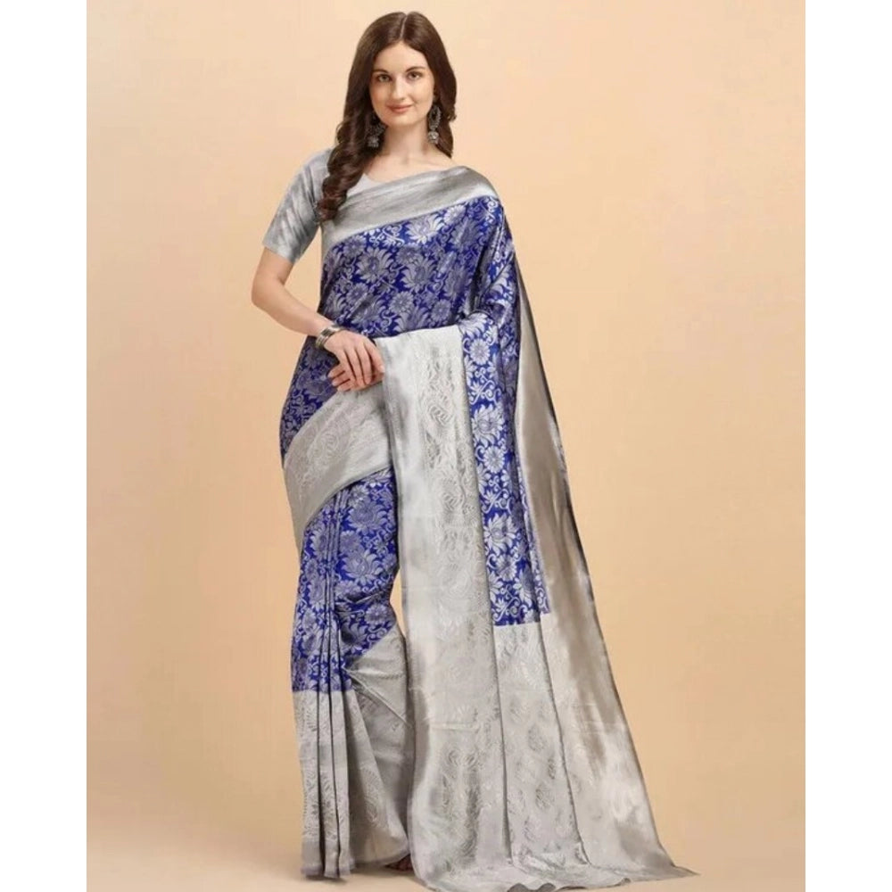 Amfyn Women's Soft Lichi Silk Printed Saree With Unstitched Blouse 5.5Mtr (Blue)