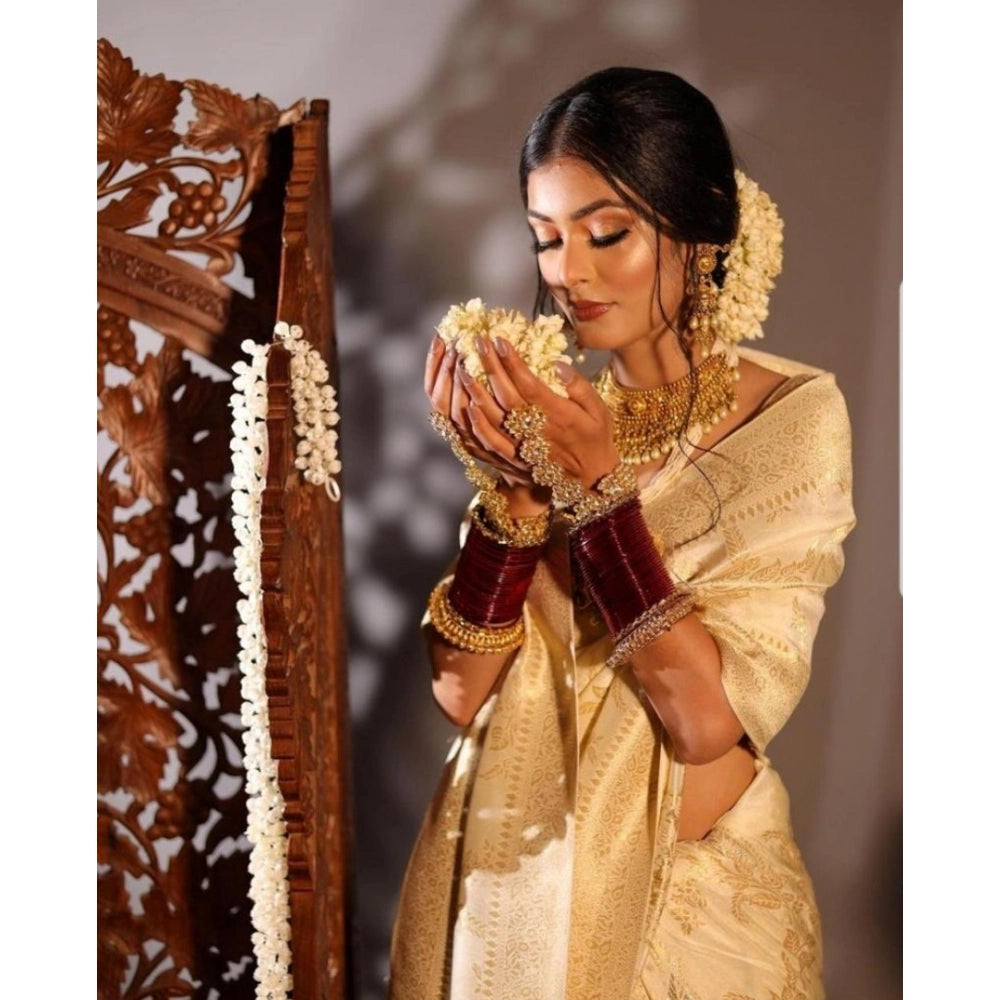 Amfyn Women's Soft Lichi Silk Printed Saree With Unstitched Blouse 5.5Mtr (Golden)