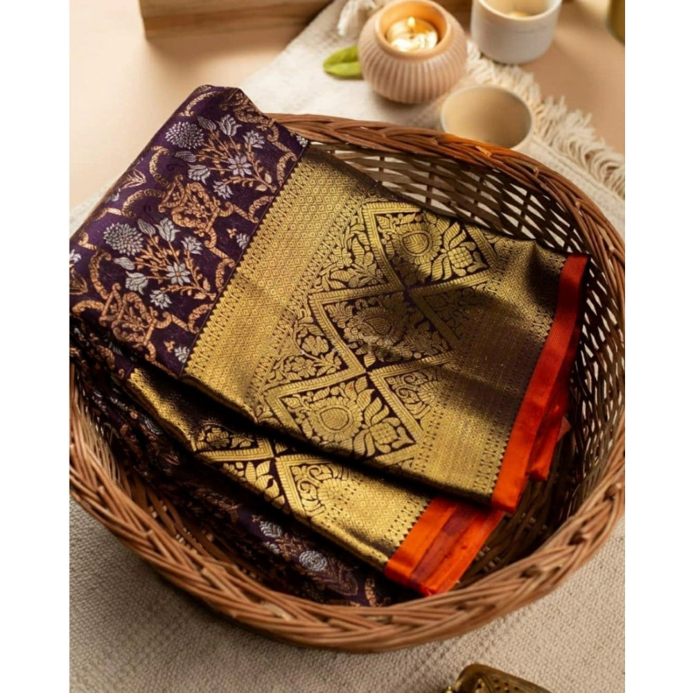 Amfyn Women's Soft Lichi Silk Printed Saree With Unstitched Blouse 5.5Mtr (Purple)