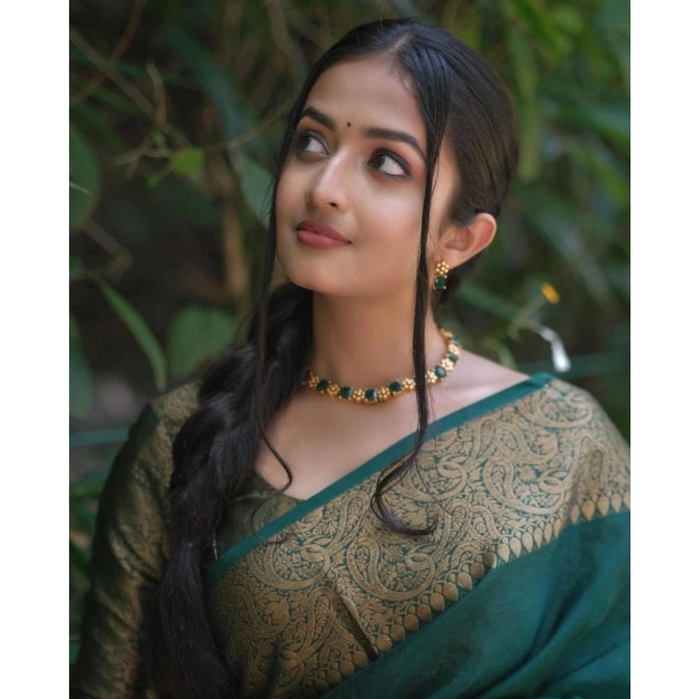 Amfyn Women's Soft Lichi Silk Solid Saree With Unstitched Blouse 5.5Mtr (Green)