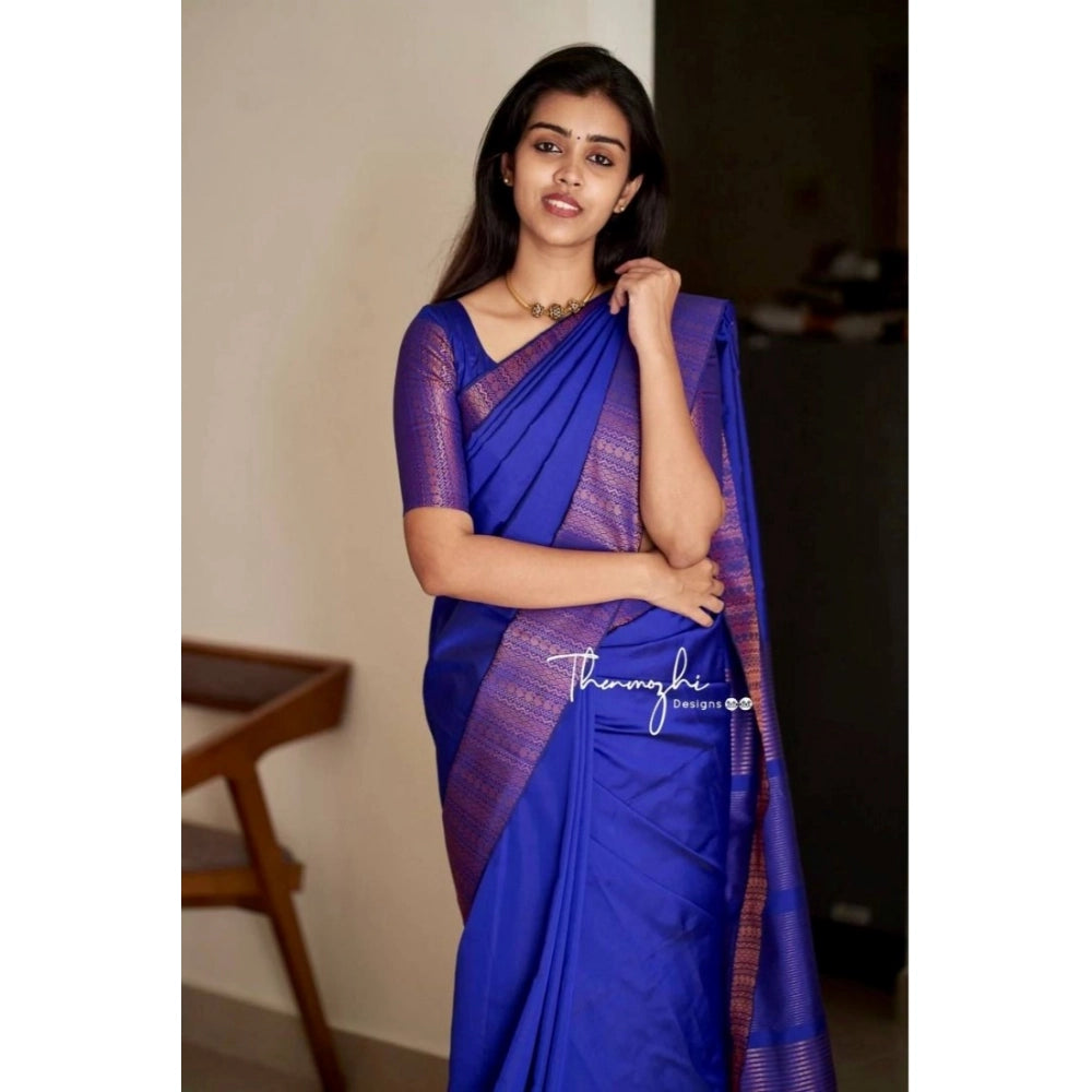 Amfyn Women's Soft Lichi Silk Solid Saree With Unstitched Blouse 5.5Mtr (Blue)