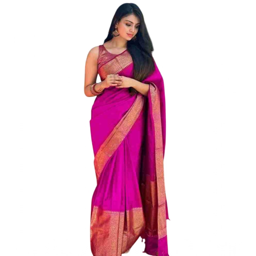 Amfyn Women's Soft Lichi Silk Solid Saree With Unstitched Blouse 5.5Mtr (Pink)
