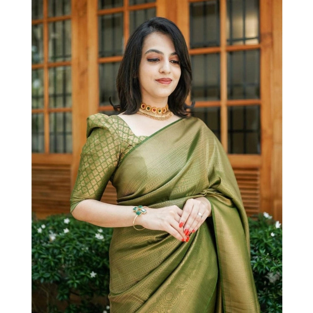 Amfyn Women's Soft Lichi Silk Printed Saree With Unstitched Blouse 5.5Mtr (Green)