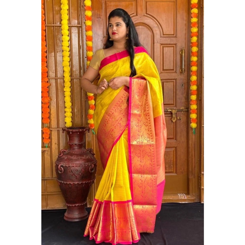 Amfyn Women's Soft Lichi Silk Printed Saree With Unstitched Blouse 5.5Mtr (Yellow)