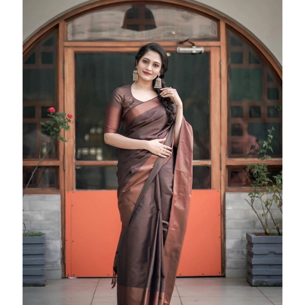 Amfyn Women's Soft Lichi Silk Printed Saree With Unstitched Blouse 5.5Mtr (Brown)