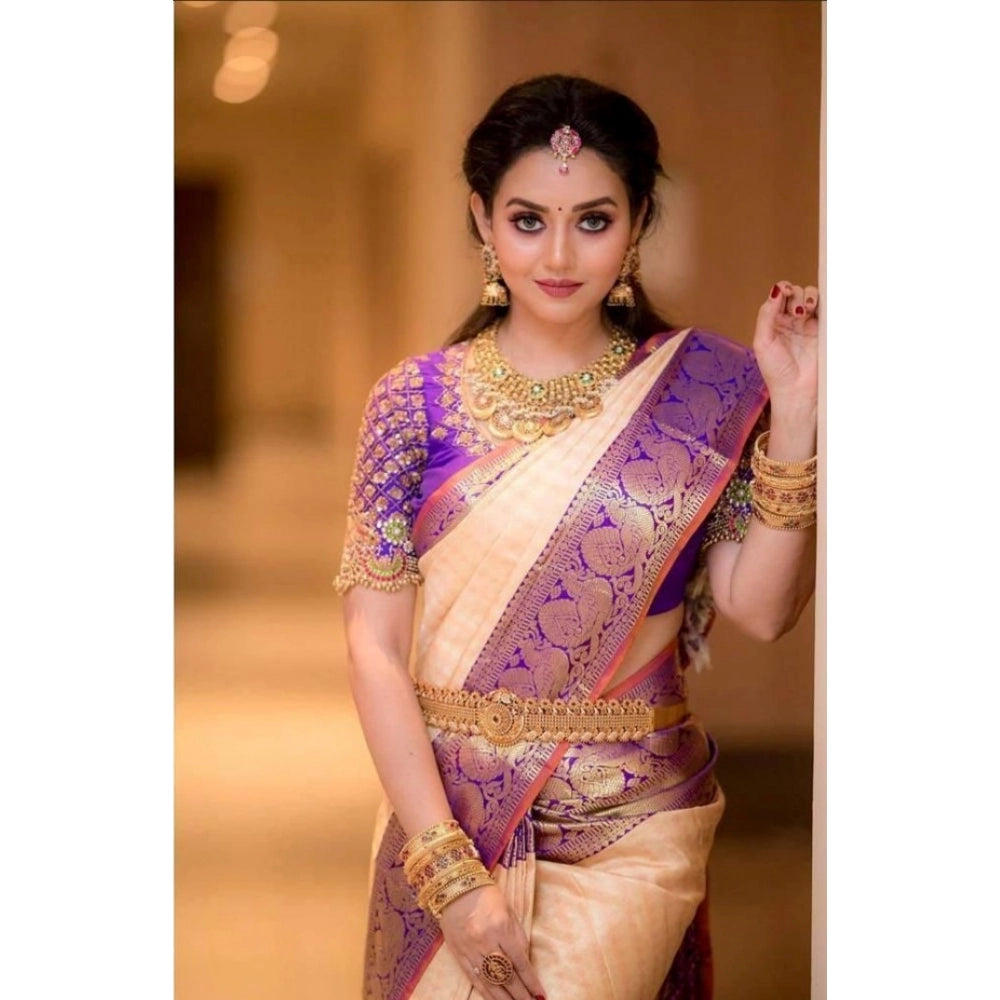 Amfyn Women's Soft Lichi Silk Printed Saree With Unstitched Blouse 5.5Mtr (Purple)