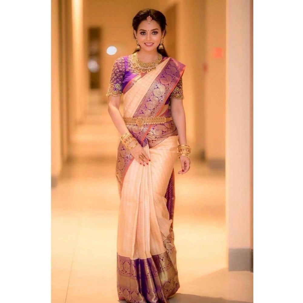 Amfyn Women's Soft Lichi Silk Printed Saree With Unstitched Blouse 5.5Mtr (Purple)