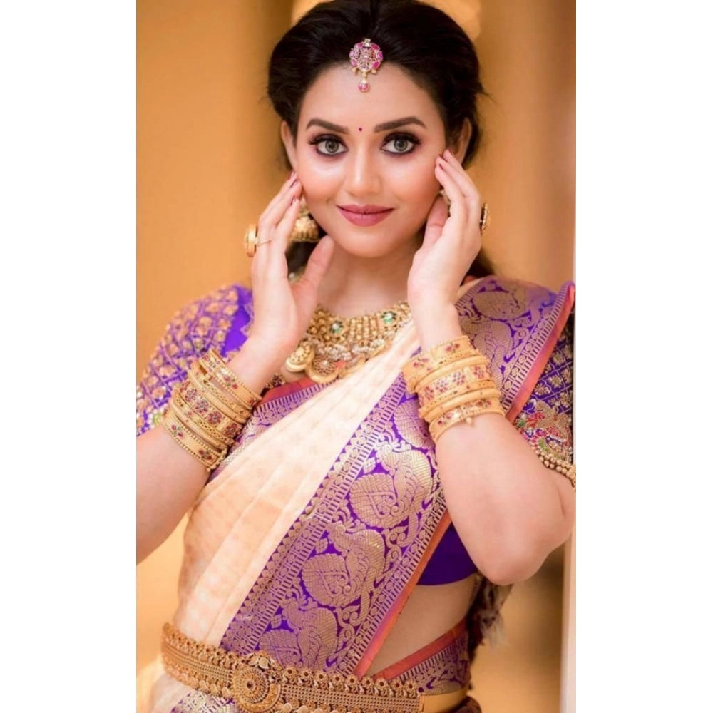 Amfyn Women's Soft Lichi Silk Printed Saree With Unstitched Blouse 5.5Mtr (Purple)