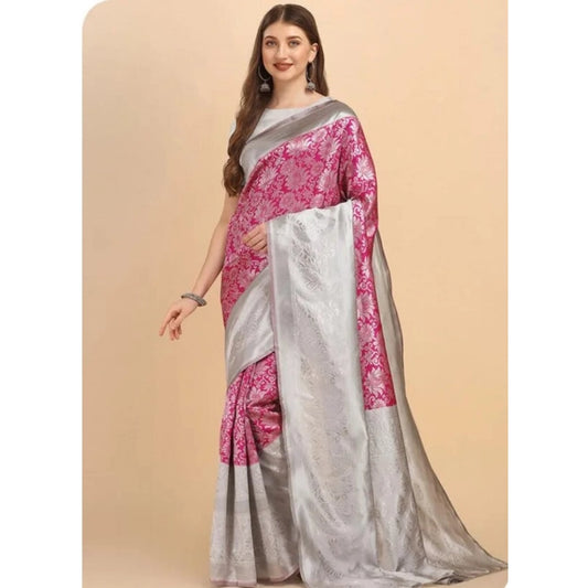 Amfyn Women's Soft Lichi Silk Printed Saree With Unstitched Blouse 5.5Mtr (Pink)