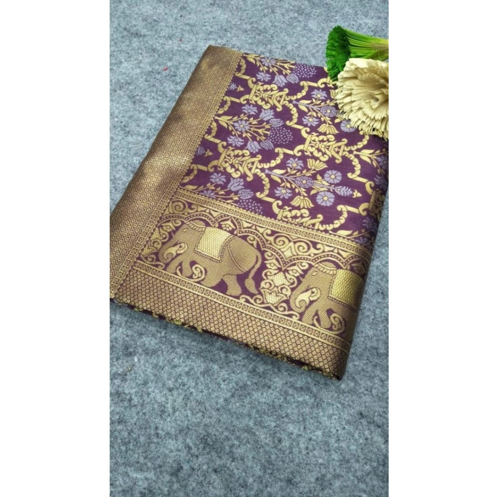 Amfyn Women's Soft Lichi Silk Printed Saree With Unstitched Blouse 5.5Mtr (Purple)
