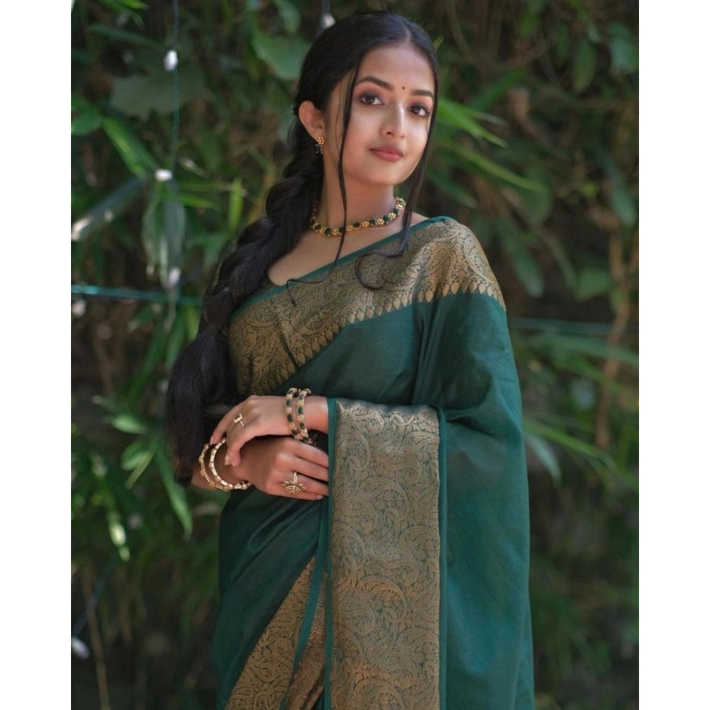 Amfyn Women's Soft Lichi Silk Solid Saree With Unstitched Blouse 5.5Mtr (Green)