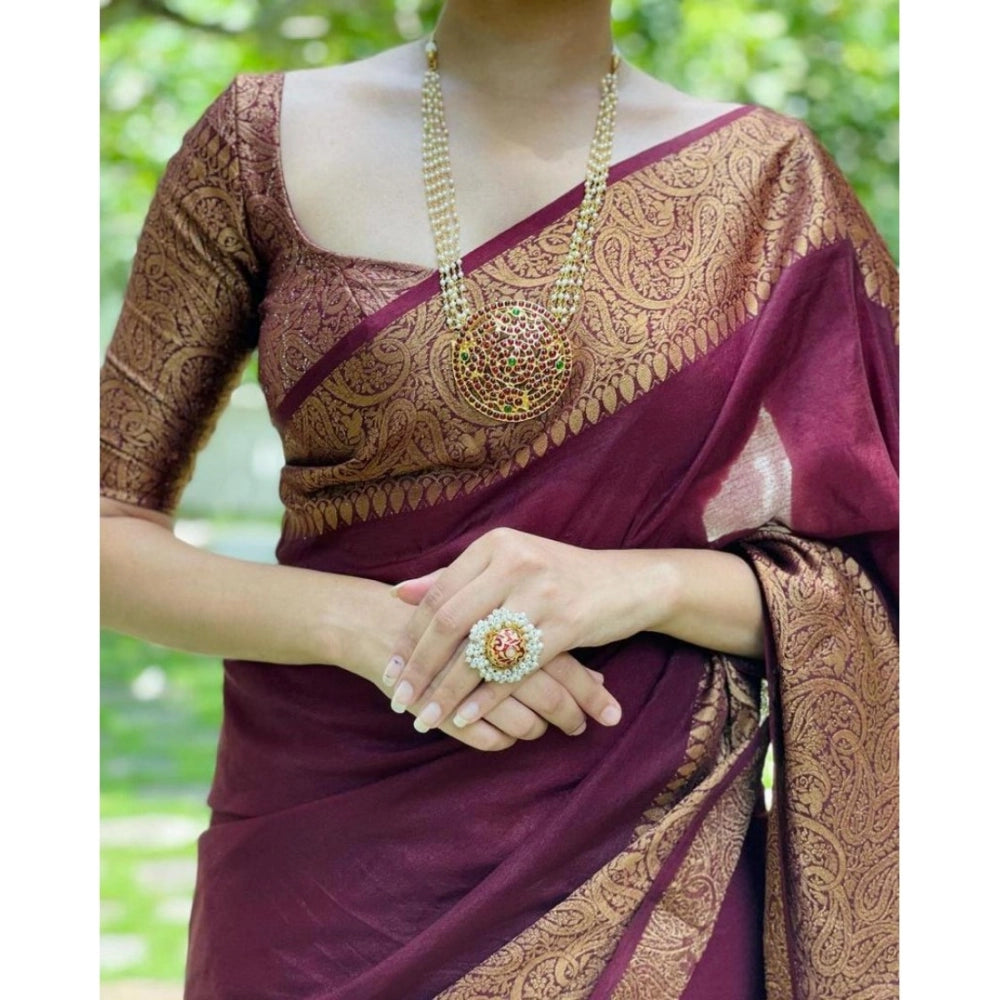 Amfyn Women's Soft Lichi Silk Solid Saree With Unstitched Blouse 5.5Mtr (Maroon)
