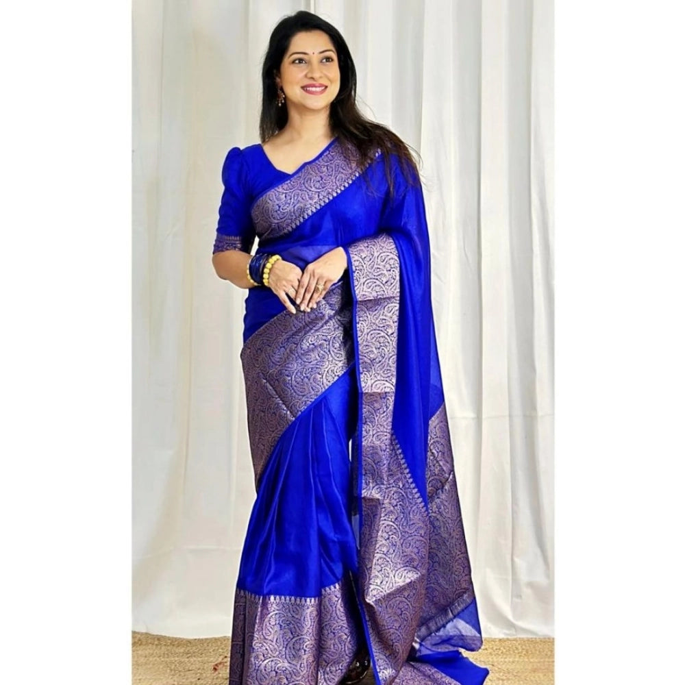 Amfyn Women's Soft Lichi Silk Solid Saree With Unstitched Blouse 5.5Mtr (Blue)