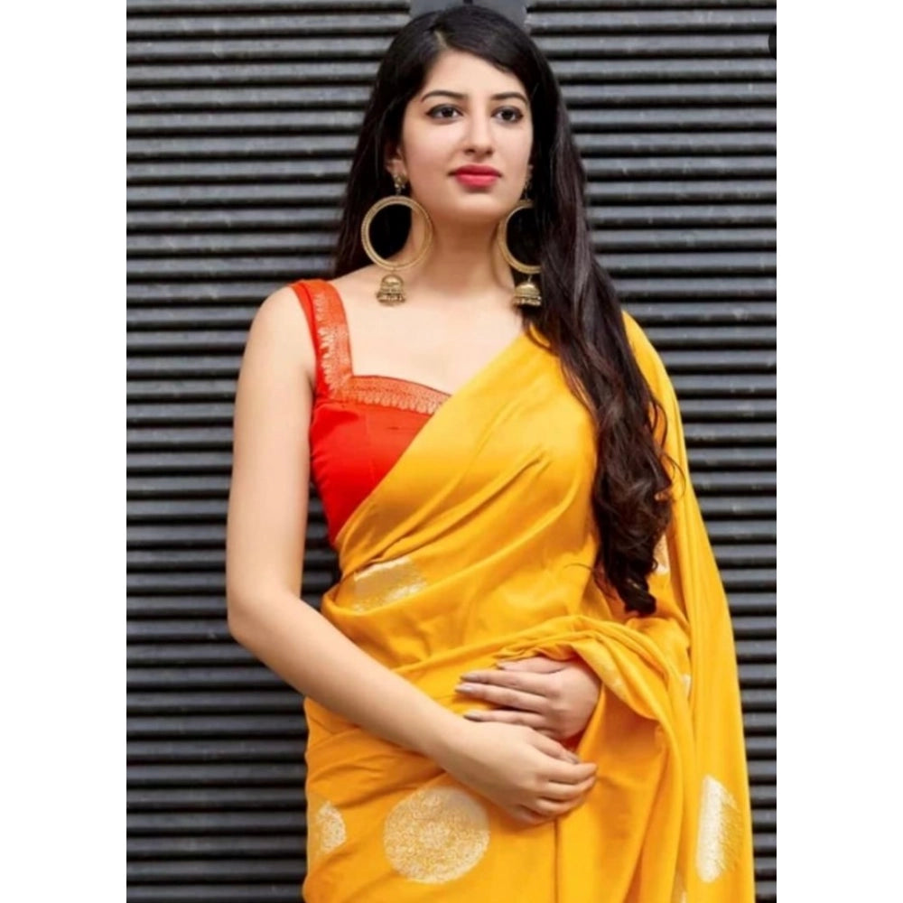 Amfyn Women's Soft Lichi Silk Printed Saree With Unstitched Blouse 5.5Mtr (Yellow)