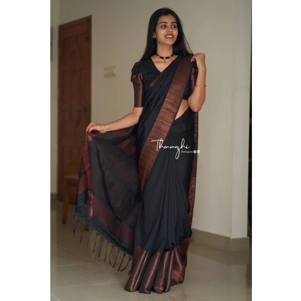 Amfyn Women's Soft Lichi Silk Solid Saree With Unstitched Blouse 5.5Mtr (Black)