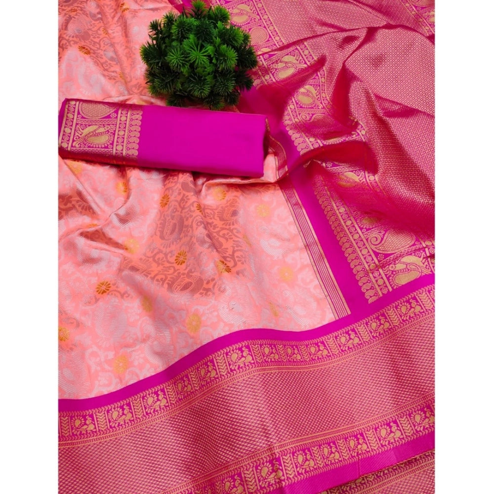 Amfyn Women's Soft Lichi Silk Printed Saree With Unstitched Blouse 5.5Mtr (Pink)
