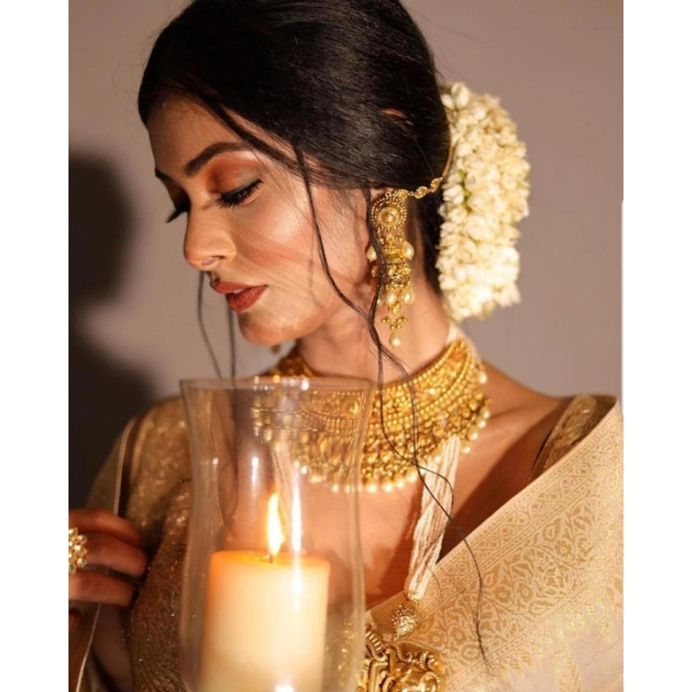 Amfyn Women's Soft Lichi Silk Printed Saree With Unstitched Blouse 5.5Mtr (Golden)