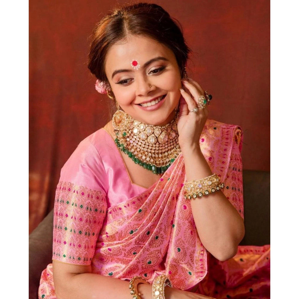 Amfyn Women's Soft Lichi Silk Printed Saree With Unstitched Blouse 5.5Mtr (Pink)