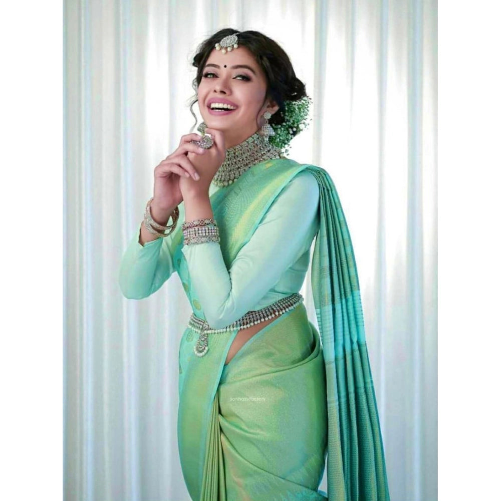 Amfyn Women's Soft Lichi Silk Printed Saree With Unstitched Blouse 5.5Mtr (Light Green)