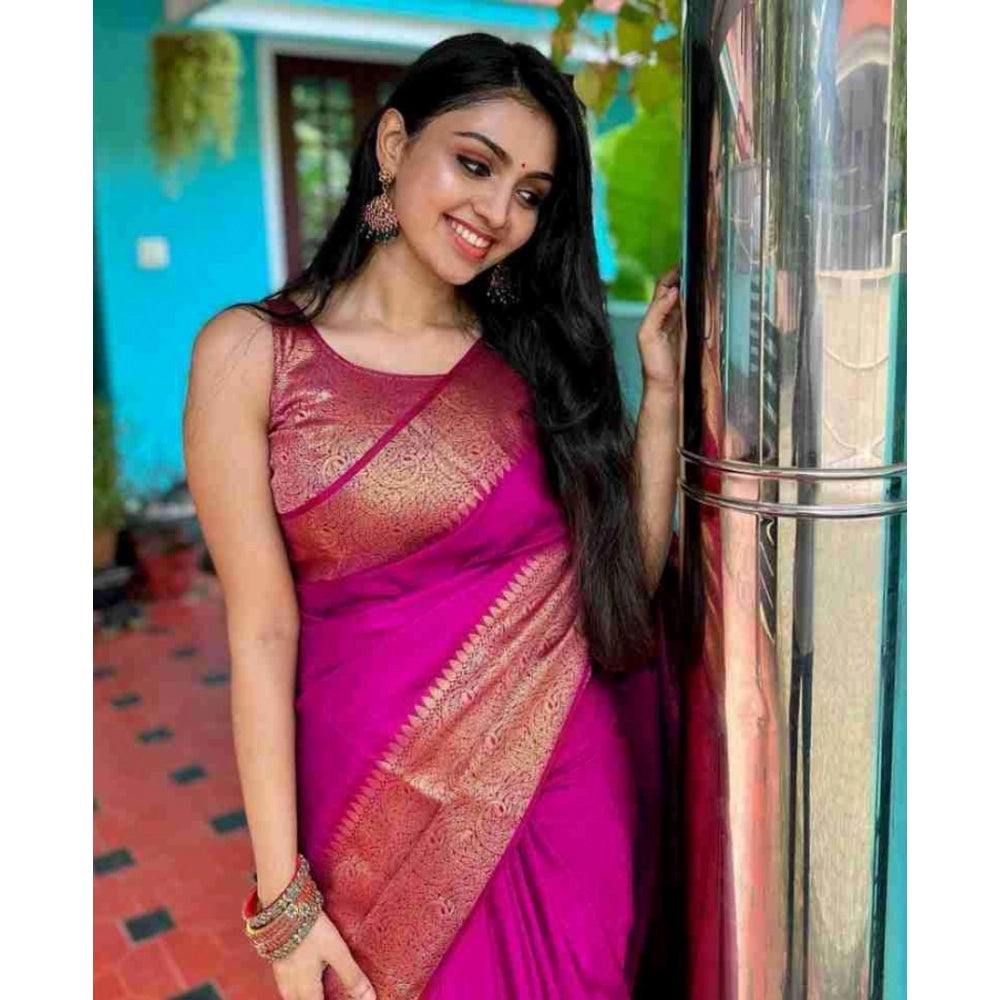 Amfyn Women's Soft Lichi Silk Solid Saree With Unstitched Blouse 5.5Mtr (Pink)