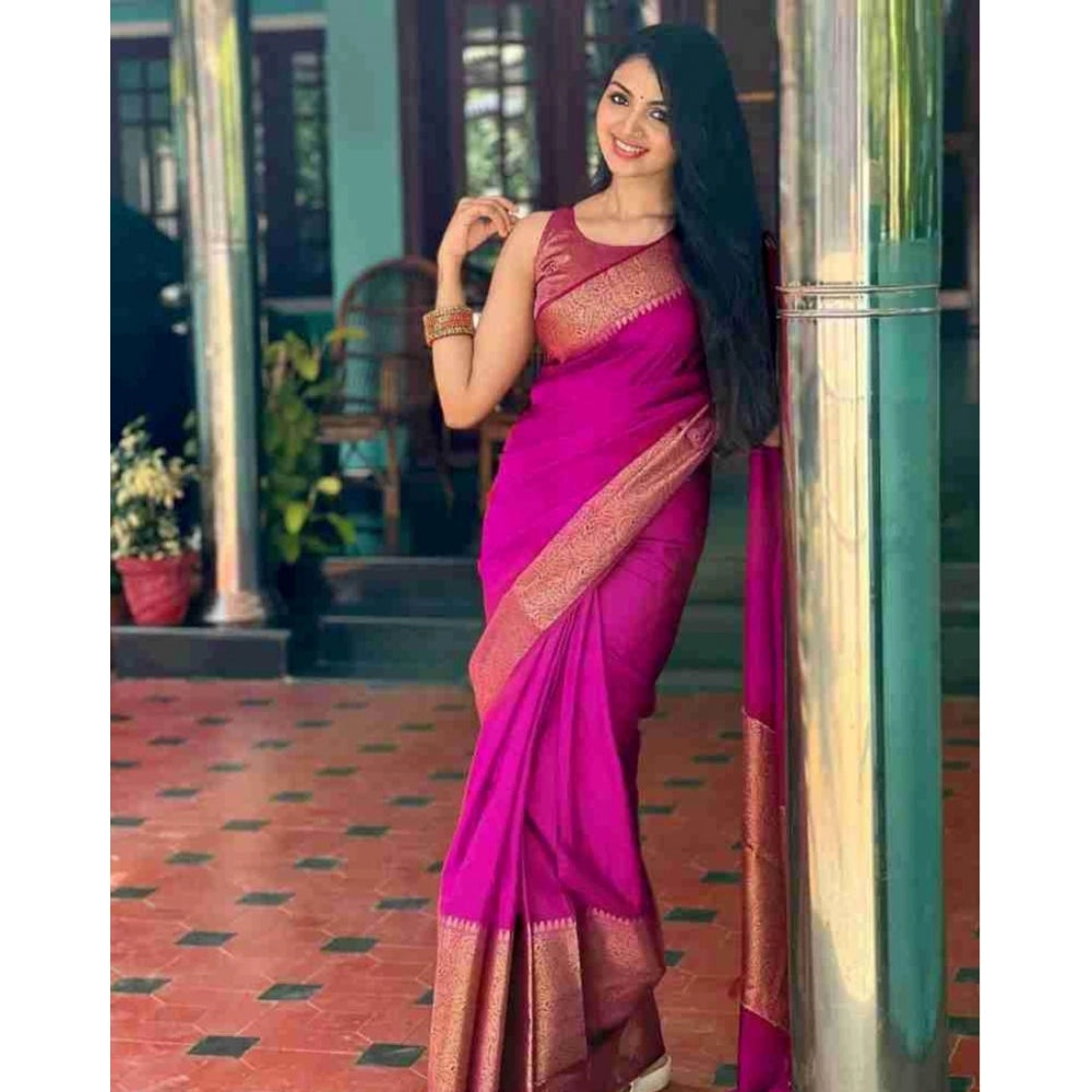 Amfyn Women's Soft Lichi Silk Solid Saree With Unstitched Blouse 5.5Mtr (Pink)