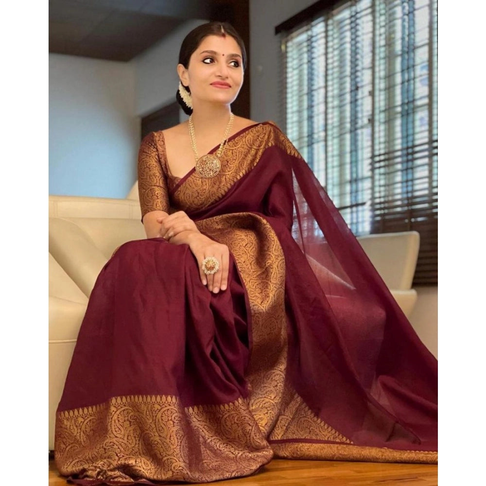 Amfyn Women's Soft Lichi Silk Solid Saree With Unstitched Blouse 5.5Mtr (Maroon)
