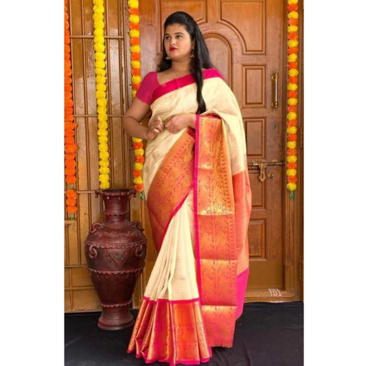 Amfyn Women's Soft Lichi Silk Printed Saree With Unstitched Blouse 5.5Mtr (Cream)