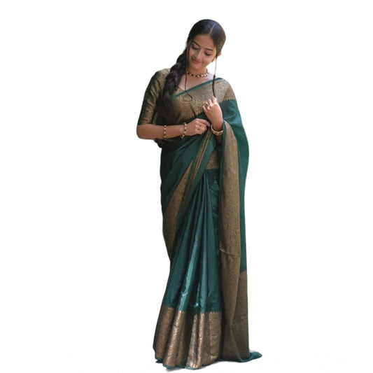 Amfyn Women's Soft Lichi Silk Solid Saree With Unstitched Blouse 5.5Mtr (Green)