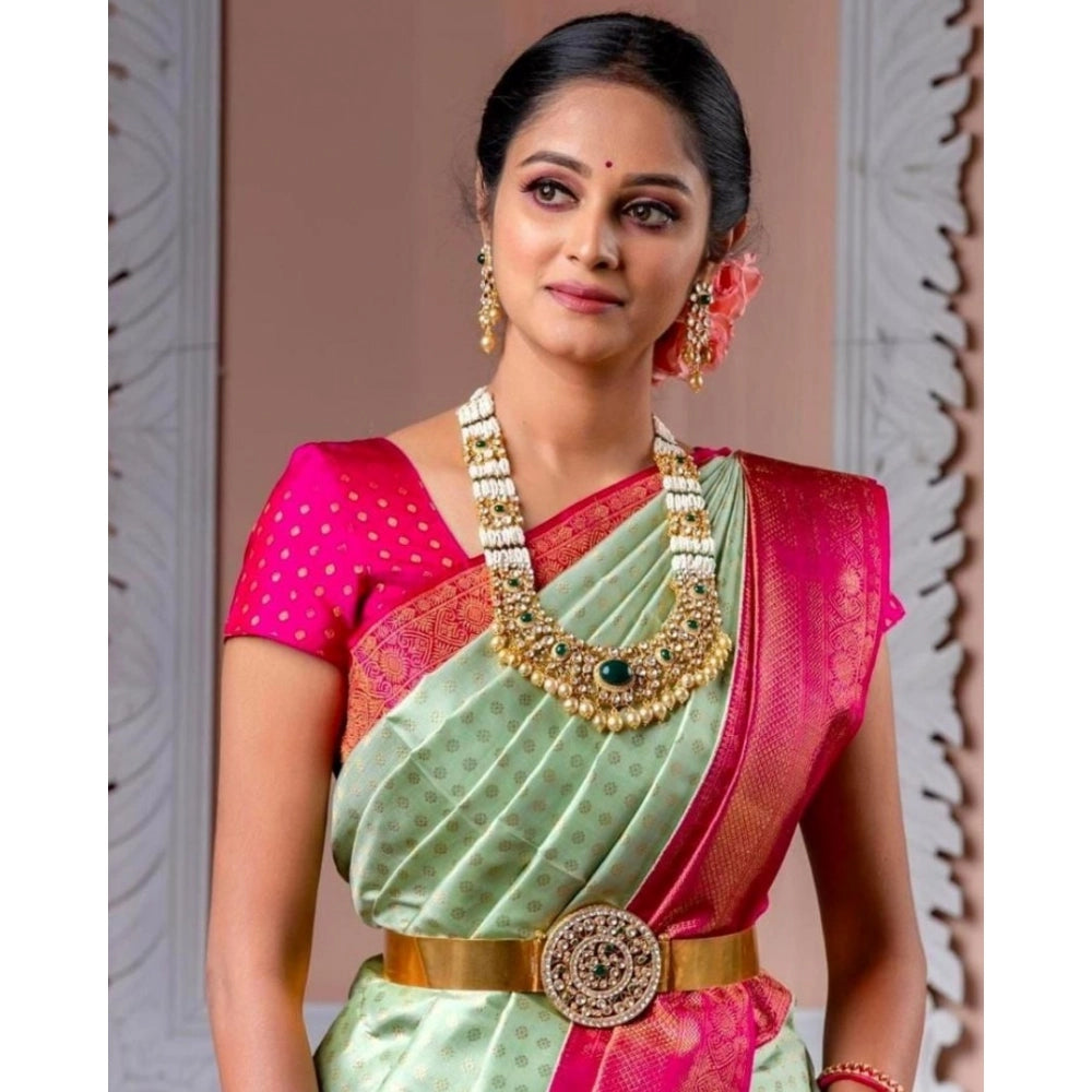 Amfyn Women's Soft Lichi Silk Printed Saree With Unstitched Blouse 5.5Mtr (Light Green)