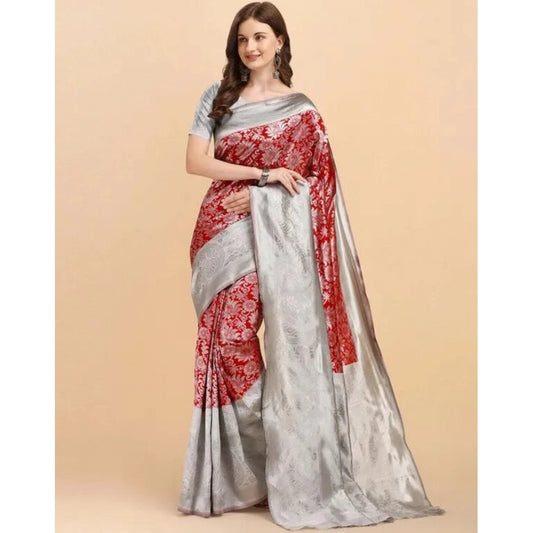Amfyn Women's Soft Lichi Silk Printed Saree With Unstitched Blouse 5.5Mtr (Red)
