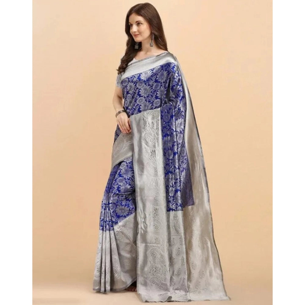 Amfyn Women's Soft Lichi Silk Printed Saree With Unstitched Blouse 5.5Mtr (Blue)