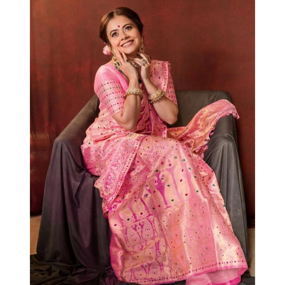 Amfyn Women's Soft Lichi Silk Printed Saree With Unstitched Blouse 5.5Mtr (Pink)